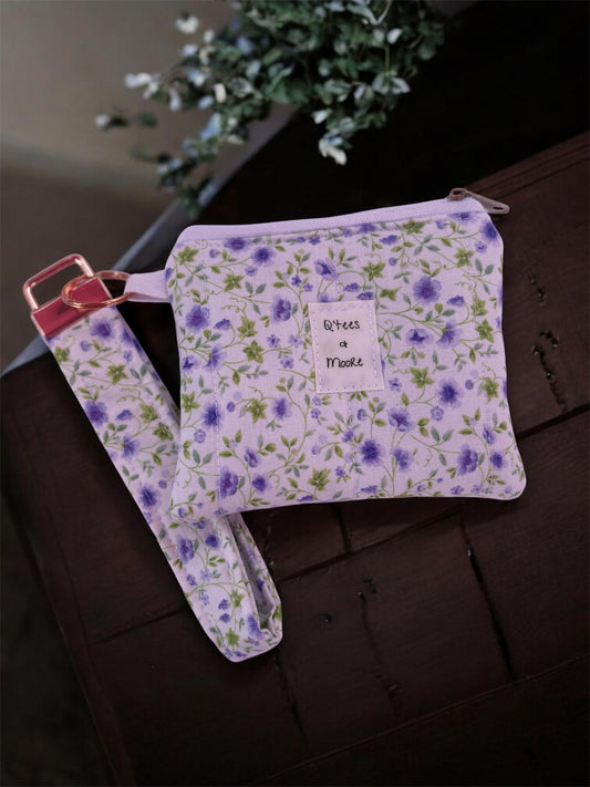 Floral Wristlet Wallet | Handmade Lavender Zipper Pouch & Matching Key Fob