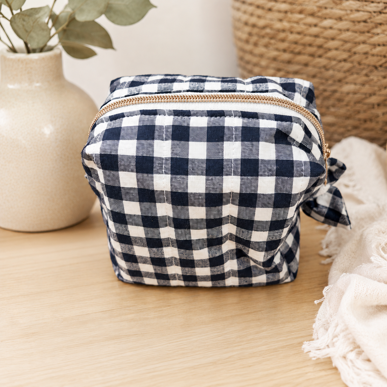 Navy Gingham makeup bag/Cosmetic Travel bag