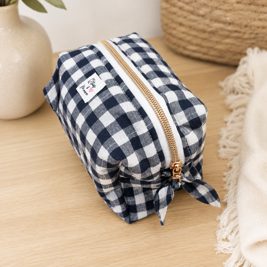 Navy Gingham makeup bag/Cosmetic Travel bag
